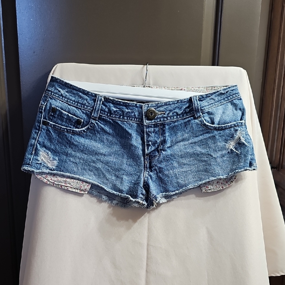 Blue Jean Shorts with Frayed Hem and Distressed Look